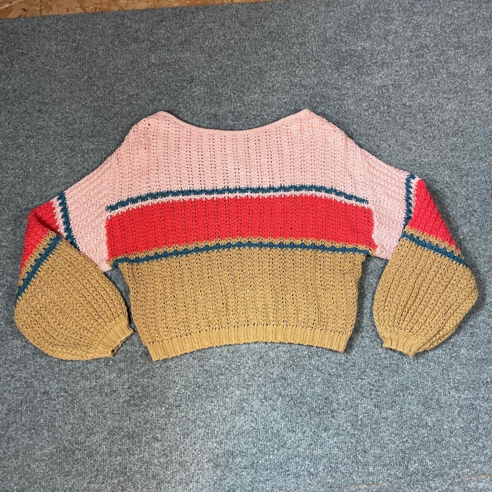 Billabong Sweater Medium Striped Cotton Colorblock Brown Balloon Sleeve Cropped